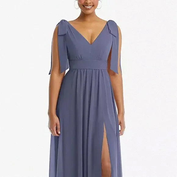 After Six | Dresses | After Six 569plunge Neckline Bow Shoulder Chiffon Maxi  Dressbluesize 18